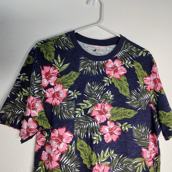 Refill Men's Hawaiian BlueNavy Floral Print T-shirt Short Sleeve Round Neck Sz M - Picture 3 of 10